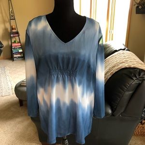JM Collection  Blue Semi-Sheer V-Neck Top Sz XL